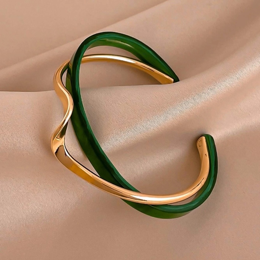 Gold Tone and Green Twist Cuff Fashion Bracelet - Picture 2 of 4